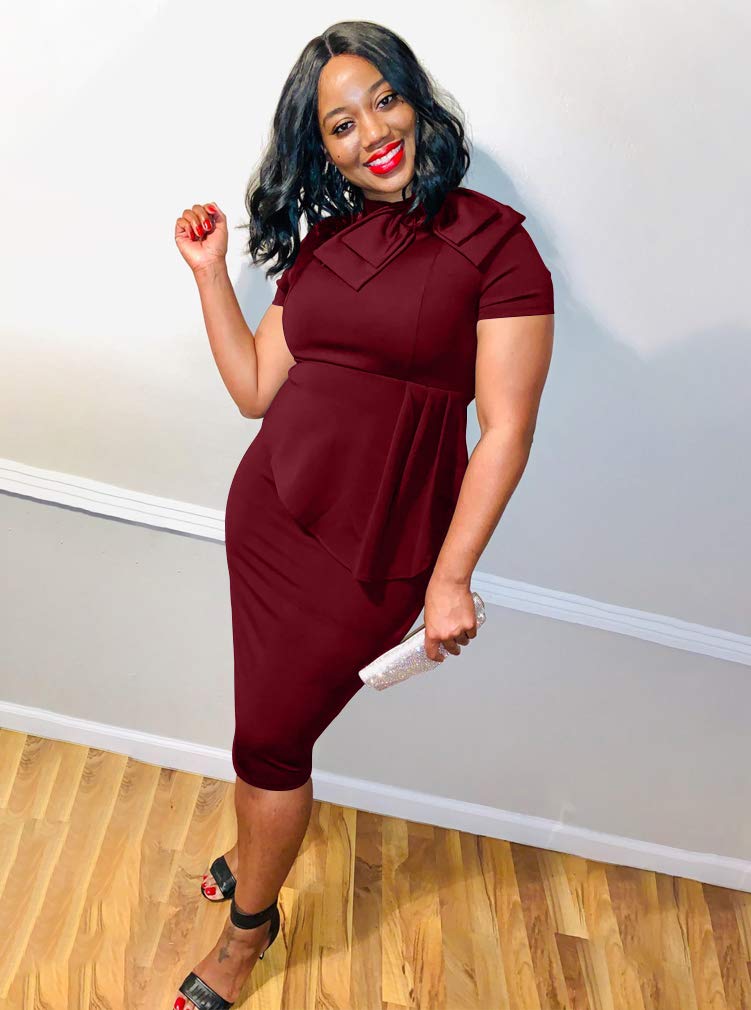 LAGSHIAN Women Fashion Peplum Bodycon Short Sleeve Bow Club Ruffle Pencil Party Dress Wine Red - Image 5